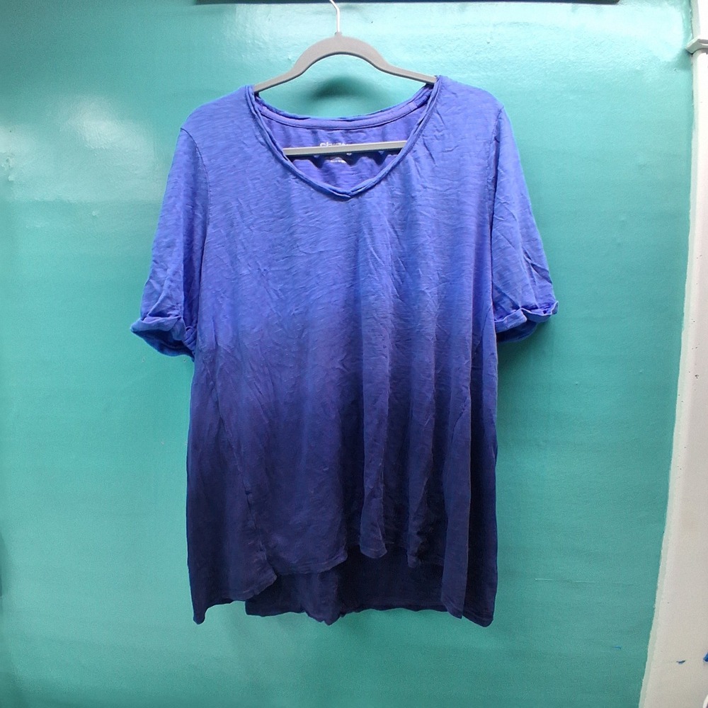 Chico's Ombre V-Neck Top Size 2 L Blue Gradient Slub Knit Cuffed Casual Boho